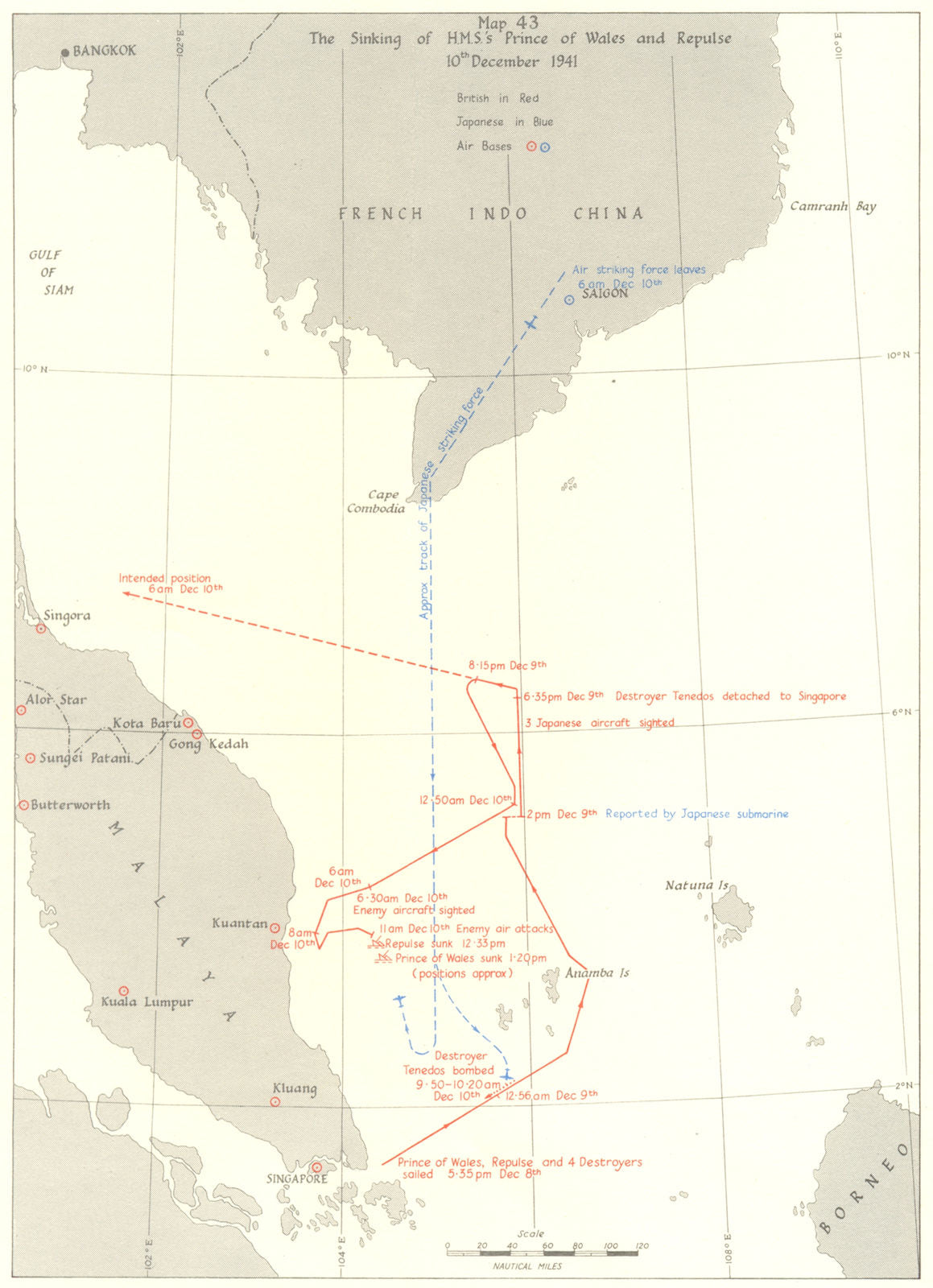MALAYSIA. Sinking of HMS's Prince Wales & Repulse, 10th Dec 1941 1954 old map